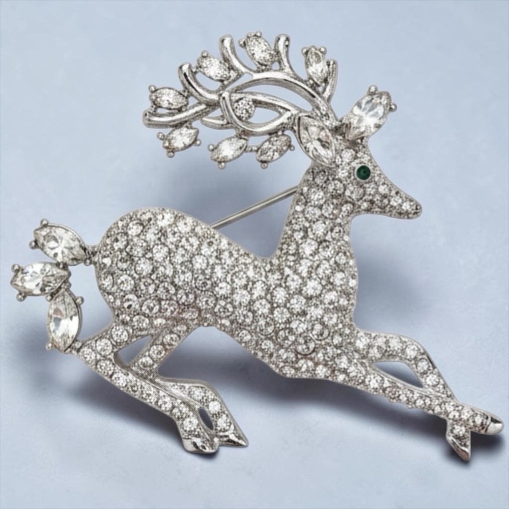 Nolan Miller Reindeer Silver Brooch Pin Rhinestone Green Eye Statement Vintage